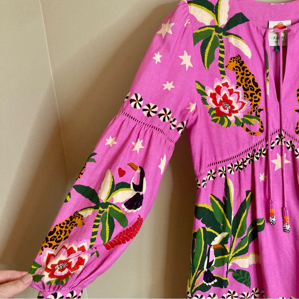 NEW FARM Rio Pink Leopard Forest Mini Dress Linen Blend Beaded Tassels Flowy XL - Picture 10 of 15